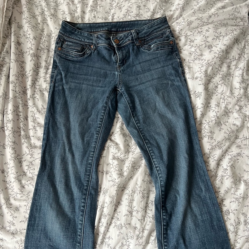 Blue Wide Leg Flare Jeans with Subtle Fading